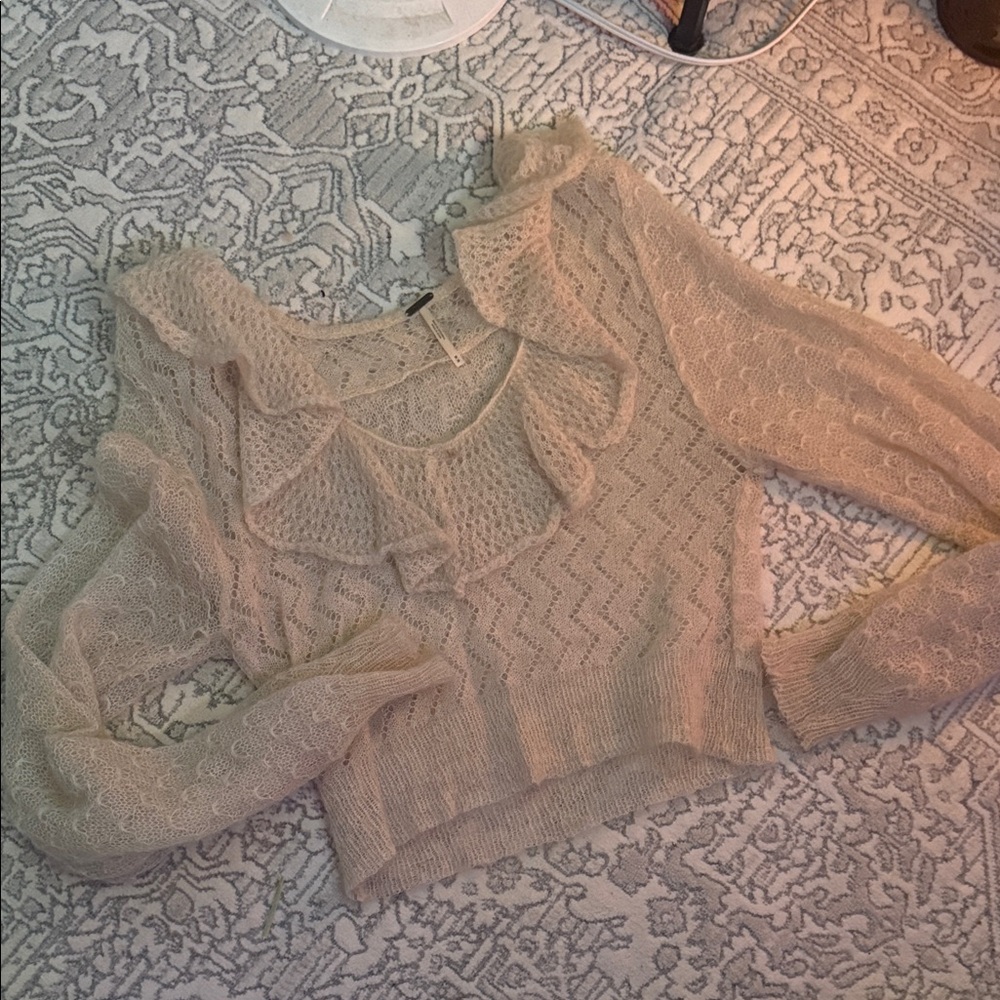 Free People Cream Ruffle Knit Sweater